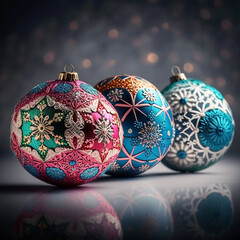 Wall Mural - Festive multicolored Christmas balls on the Christmas tree with a beautiful shiny ornament on a dark background