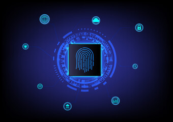 Fototapete - Hi Tech Background Security with fingerprint scanning to access the system There is a light under the tech circle microchip underneath, on a blue gradient background.