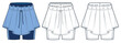 © Liubov Hladka - Women's Mini Skirt, Short Leggings technical fashion illustration, blue design. Tennis Skirt fashion flat technical drawing template, front and back view, white color, women's CAD mockup.
