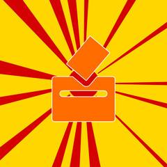 Poster - vote symbol on a background of red flash explosion radial lines. the large orange symbol is located 