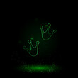 A large green outline frog tracks symbol on the center. Green Neon style. Neon color with shiny stars. Vector illustration on black background