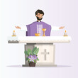 Priest behind the altar with purple chasuble celebrating the eucharist