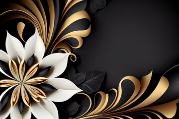 abstract black and gold and white floral pattern background, generative ai