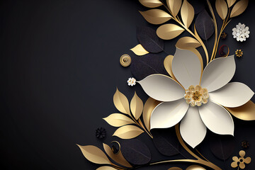 abstract black and gold and white floral pattern background, generative ai