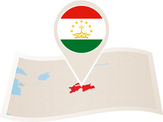 Wall Mural - Folded paper map of Tajikistan with flag pin of Tajikistan.