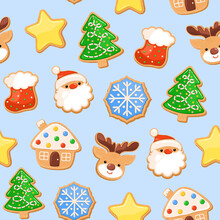 Sugar Cookie Christmas Seamless Pattern. Gingerbread Cookies Repeat Design. Biscuit Shape Of Ginger Bread House, Santa And Deer Faces, Snowflake, Star, Christmas Tree, Red Sock. Cute Winter Print.
