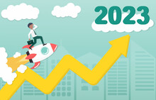 Business Idea. Businessman Standing On Rocket Following Arrow To 2023. New Year 2023. Keep Going, Hopes, Goals, Overcome Obstacles And Problems. Vector Illustration Eps10.