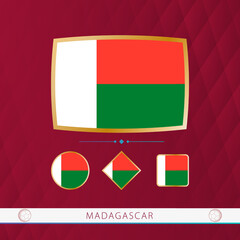 Wall Mural - Set of Madagascar flags with gold frame for use at sporting events on a burgundy abstract background.