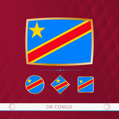 Wall Mural - Set of DR Congo flags with gold frame for use at sporting events on a burgundy abstract background.