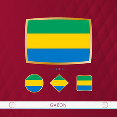 Wall Mural - Set of Gabon flags with gold frame for use at sporting events on a burgundy abstract background.