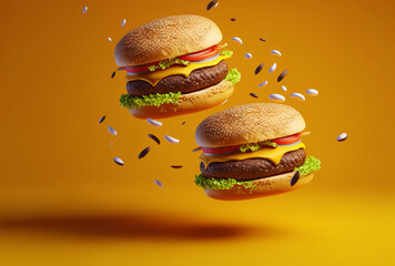 Wall Mural - Delicious fast food burger flying on a yellow background. Generative ai