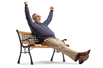 Poster - Mature man sitting on a bench and gesturing happiness