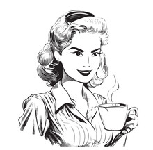 Beautiful Smiling Girl Holding A Cup Of Coffee Retro Hand Drawn Sketch Vector Illustration.