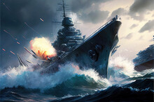 A Battleship Illustration Of Fight Scene On High Waters, Concept Art, Generative Ai Technology