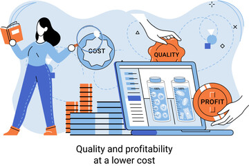 Fototapete - Quality and profitability at lower cost. Growth market and economy, investment, coordinating sales operation. Management, optimization of business processes. Salary increase, profit and margin