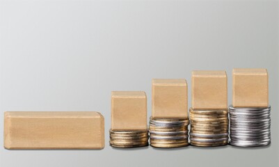 Poster - Finance Concept. Wooden cubes and coins