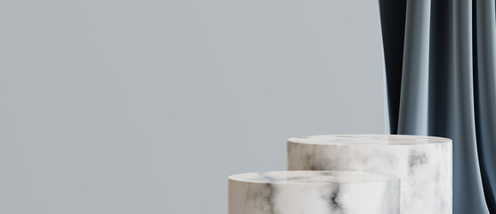 Wall Mural - Marble product display podiums on pastel grey background with curtains. Stone pedestal for beauty products, natural cosmetics. 3d rendering