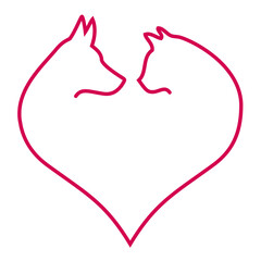 Wall Mural - Cat and dog in red heart shape, pet love concept, line art illustration over a transparent background, PNG image 