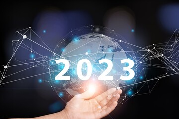 Poster - 2023 numbers. New Year concept. Globe on city background