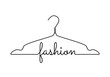 Clothes hanger, black silhouette with the word fashion, illustration over a transparent background, PNG image 