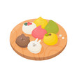 Set of various wagashi, mochi, rice cake and cute macaron cookies on wooden plate