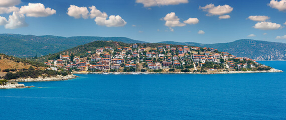 Canvas Print - Summer Aegean sea and Pyrgadikia village coast view (Sithonia, Halkidiki, Greece).