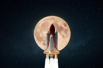 Fototapete - Amazing space shuttle rocket with blast successfully takes off into the starry sky with a big full moon. The beginning of the lunar mission and space ship launch. Science and technology concept
