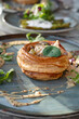 Chicken and mushroom vol-au-vent on a styled ceramic plate, delicious hot dish with hollow shells of puff pasty and creamy filling prepared and served in an elegant gourmet restaurant as a main course