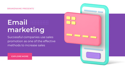 Poster - Online shopping credit card payment smartphone banking application social media banner 3d icon vector illustration. Digital store commercial transaction mobile phone contactless buying order purchase