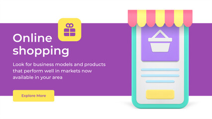 Poster - Online shopping awning digital store order purchase smartphone application social media banner 3d icon vector illustration. Grocery supermarket goods purchasing commercial technology product buying