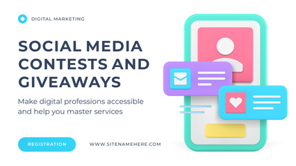 Poster - Social media contest and giveaway internet promo smartphone application web banner 3d icon vector illustration. Marketing special offer cyberspace communication digital competition bonus reward