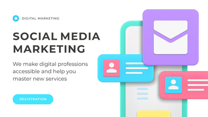 Poster - Social media marketing SMM internet promo advertising smartphone application web banner 3d icon vector illustration. Online business management digital technology network SEO content strategy