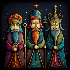 Elegnat illustration of three kings day, they wear beautiful long and shiny tunics and decorated crowns, holding long wands