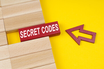 Poster - On a yellow surface are wooden blocks and an arrow pointing to a block with the inscription - secret codes