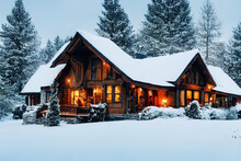 Cozy Winter Warm House With Yellow Lights, Covered With Snow, Wooden House In Winter Forest