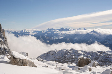 landscape view of the mountains covered in snow in winter (Picos de Europa National Park, Spain)