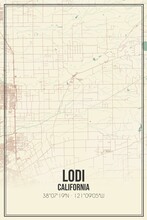 Retro US City Map Of Lodi, California. Vintage Street Map.