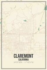 Wall Mural - Retro US city map of Claremont, California. Vintage street map.