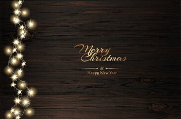 Wall Mural - Vector Christmas decoration. Transparent light garlands and wood background. Christmas decoration concept