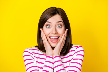 Wall Mural - closeup photo of young attractive excited lady touch cheeks surprised easy way buy online isolated o