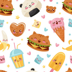 Poster - Kawaii Food Seamless Pattern Design with Tasty Meal with Cute Faces Vector Template