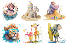 Safari Animal Set Giraffe, Monkey, Lion, Hippo, Zebra And Elephant On A Beach Holiday In Watercolor Style. Isolated Vector Illustration