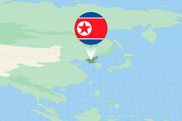 Sticker - Map illustration of North Korea with the flag. Cartographic illustration of North Korea and neighboring countries.