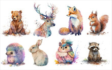 Safari Animal Set Hedgehog, Fox, Squirrel, Deer, Hare, Owl, Raccoon, Bear In Watercolor Style. Isolated Vector Illustration