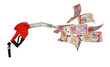 © RODWORKS - 3d rendering of Mauritian rupee notes coming out from fuel pump. red fuel nozzle with Mauritian rupees flying around