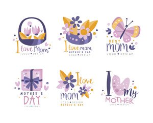 Poster - Happy Mothers Day Logo Design with Gift Box, Heart and Floral Purple Element Vector Set