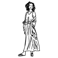 Wall Mural - Standing young woman in casual dress. Female portrait. Hand drawn linear doodle rough sketch. Black silhouette on white background.