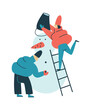 © Dina - A guy and a girl in down jackets sculpt and decorate a snowman. The character, standing on the stairs, puts a bucket on the snowman's head. Flat illustration for printing postcards, posters.