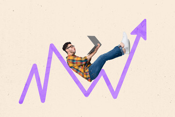 Poster - Creative abstract collage template graphics image of cool busy guy earning money morning device isolated drawing background