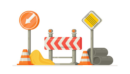 Wall Mural - Vector illustration of site construction. A collection of construction signs. 